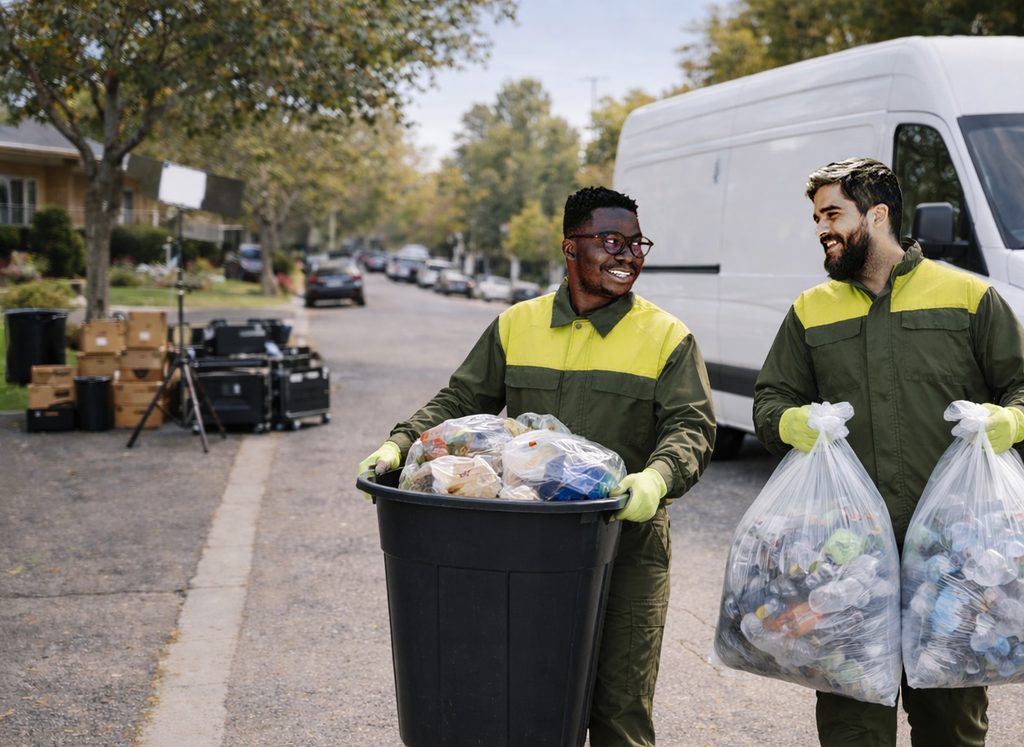 Greener Sets crew collecting sorted recycling on a film set